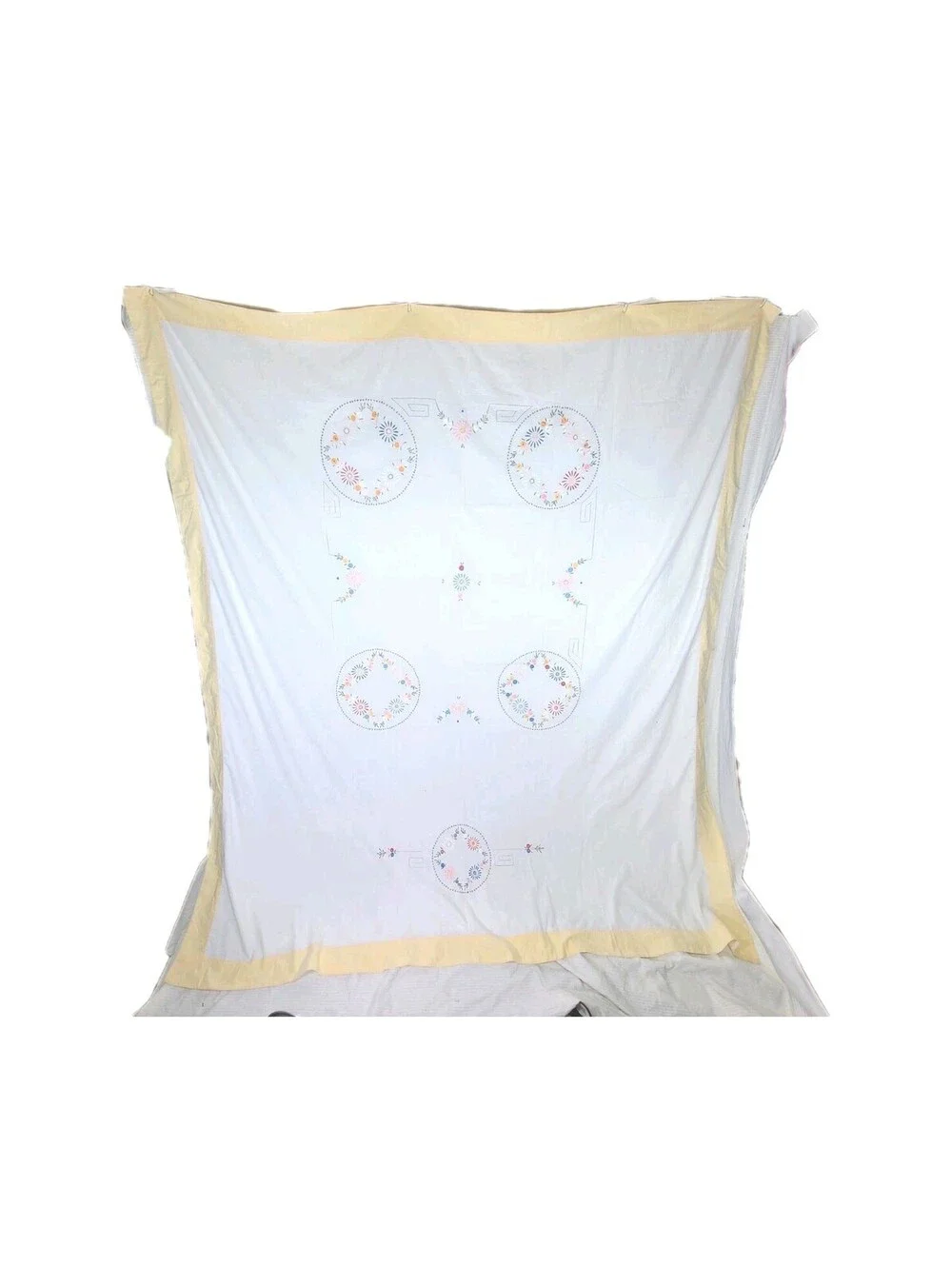 Vintage 1940s Tablecloth Hand Embroidered Art Deco 100% Cotton Summer Quilt Ooak